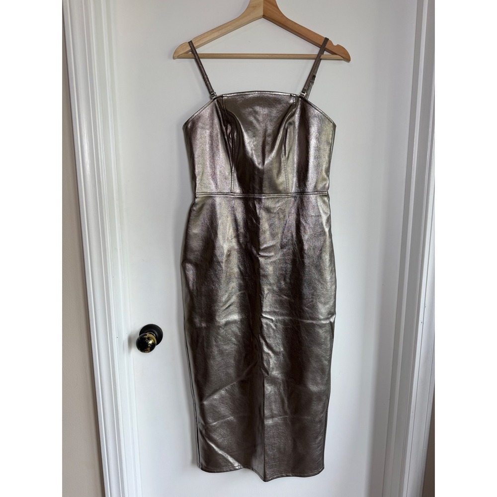 Avec Les Filles Metallic Faux Leather Midi Dress SilverBronze Square Neck Size 4 - Picture 3 of 11